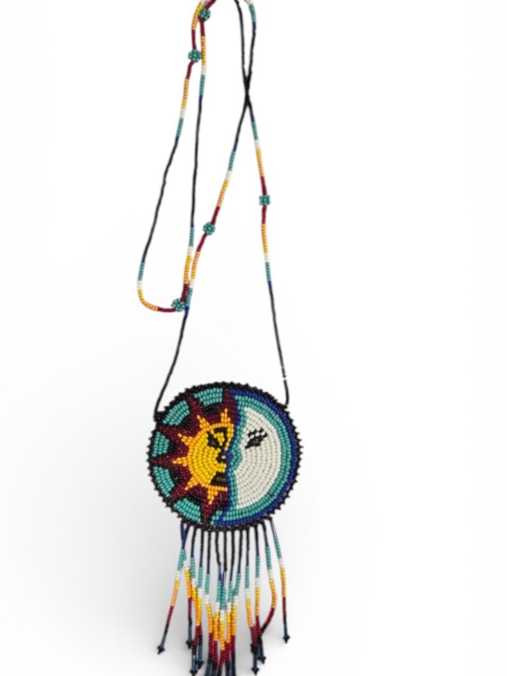 Vintage Beaded Celestial Pouch Necklace Sun Moon Spirit Bag Festival Fringe